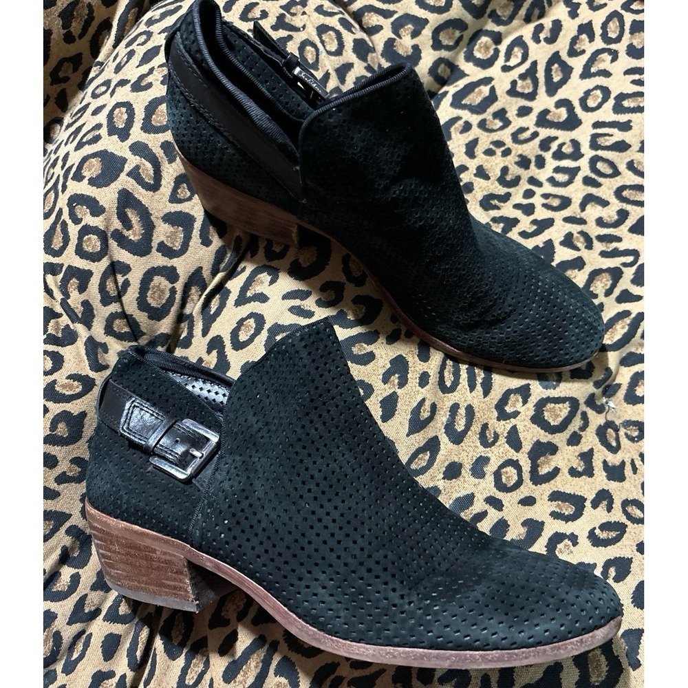 Sam Edelman Paula Black Perforated Suede Low Heel Ankle Booties, 8.5